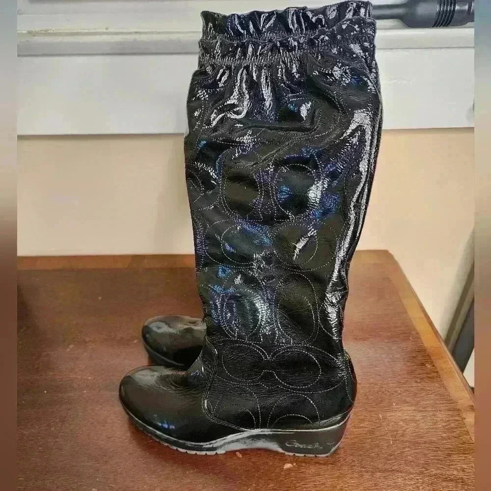 Coach Ceejay Black Patent Leather Wedge Boots Size 9 W/ Original Box Logo Stitch - Picture 7 of 8
